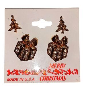 New 2 Pair Christmas Tree Gift Earrings Gold Tone Rhinestone Old Stock